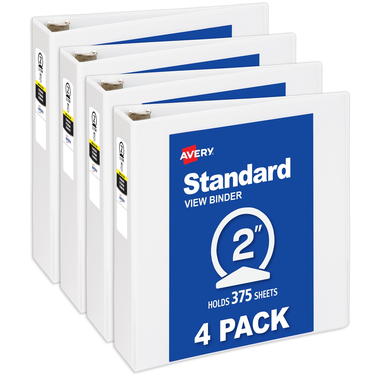 Avery® Standard View 3 Ring Binders, 2" Round Rings, 375-Sheet Capacity, 2.8 Inch Wide Spine, White Binders, Ideal for Lightweight Organization and Occasional Referencing (4-Pack of 19202)